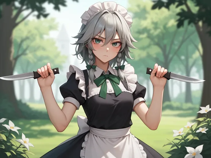 1girl, izayoi sakuya, touhou, solo, maid headdress, maid, apron, short sleeves, dress, closed mouth, white apron, looking at viewer, maid apron, puffy short sleeves, frills, puffy sleeves, black dress, frilled apron, hair between eyes, outdoors, blush, thr...