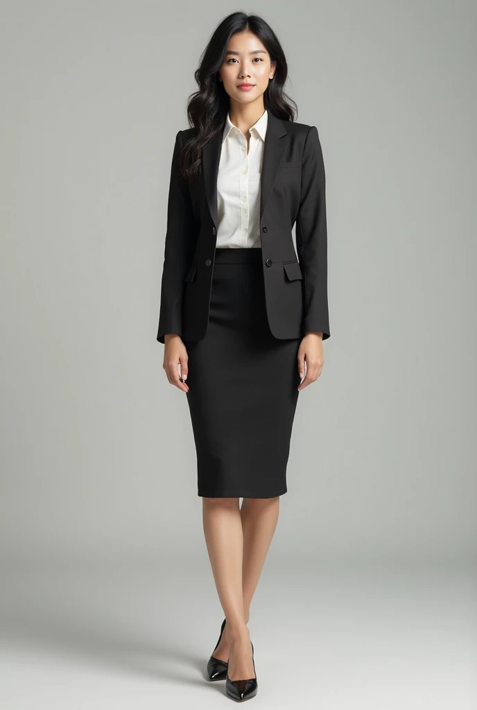 Business　SUITS　woman　semi-long black hair　model standing full body skirt　 Asians
