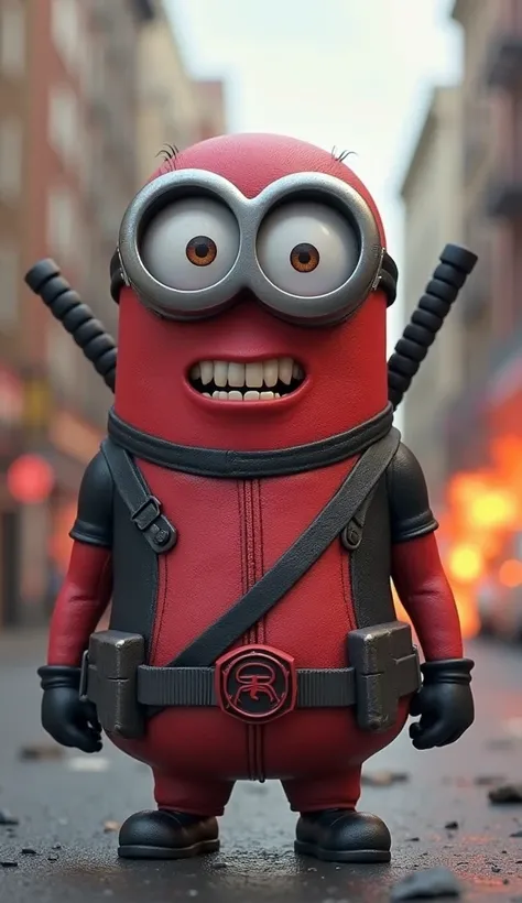 A Minion dressed in Deadpool's red and black outfit, holding two katanas crossed on their backs and making a funny pose. Sarcastic expression and urban scene with explosions in the background. realistic cartoon style, detailed 3D render.