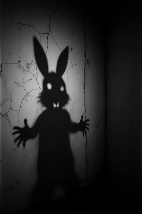 Monochrome photo, Dutch angle, eerie atmosphere, old cracked plaster texture on the walls, dim lighting, shadows in the corners, a shadow on the wall resembling a rabbit (like a hand shadow puppet), but distorted and sinister, creating a sense of dread and...