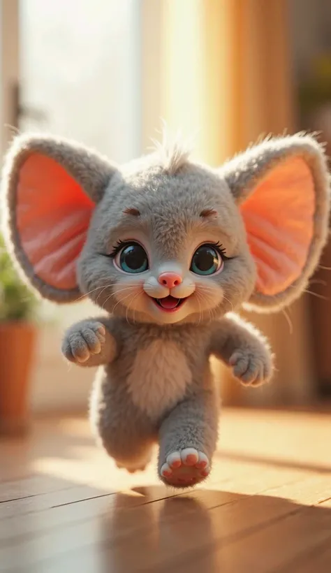 3D cute kitten character、Wearing a happy elephant mascot costume、running、Inside the house､masterpiece, Background Blur, 