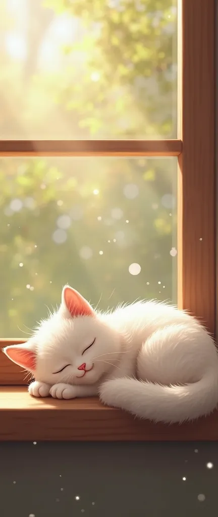 A chubby and adorable white cat with soft, fluffy fur is peacefully sleeping on a window sill. Its body is relaxed, with its paws tucked in or stretched out comfortably. The warm sunlight filters through the window, casting a gentle glow on the cat's fur. ...