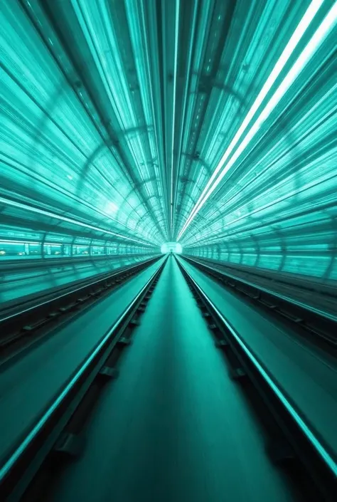 Of course,  Here's a detailed description of the image :

The image is a long-exposure photograph that captures the movement of a high-speed train through a tunnel. The motion effect creates radiant lines that extend from the center of the image outwards, ...