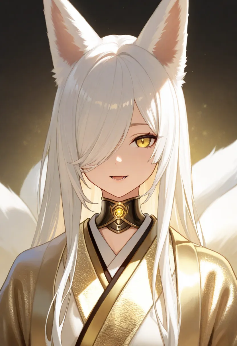 1 ,  fox tail,  multiple tails , white hair, long hair, animal ears, masterpiece,  Yellow Eyes,  Kitsune, hair over one eye,  Light Smile , white and gold kimono, close-up,  portrait, Open Mouth, looking at the viewer, full body.