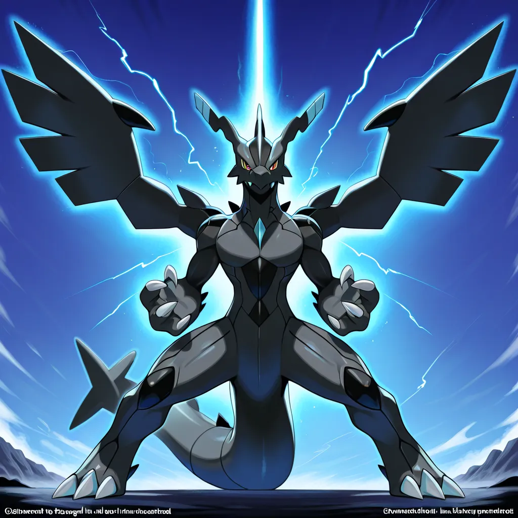 masterpiece, best quality,   zekrom, without humans, Alone, Raio,  sky blue , claws, confident pose,  electric background 