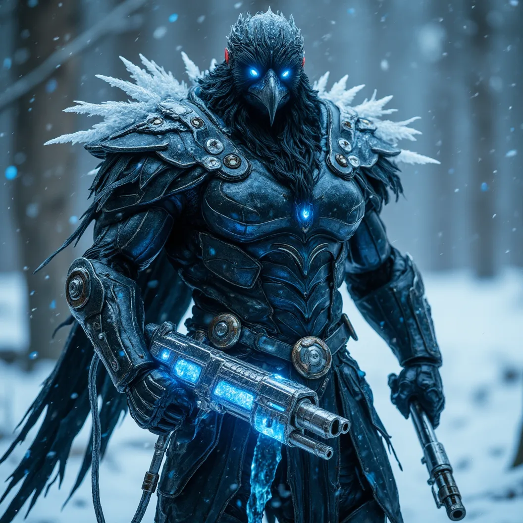 A large muscular Crow villian donned in a chrome armored suit. Clear tubing filled with glowing icy blue liquid plugged in to his suit supplying power. His feathers begin to freeze at the tips and his eyes glow icy blue. He clutches a chrome ice throwing r...