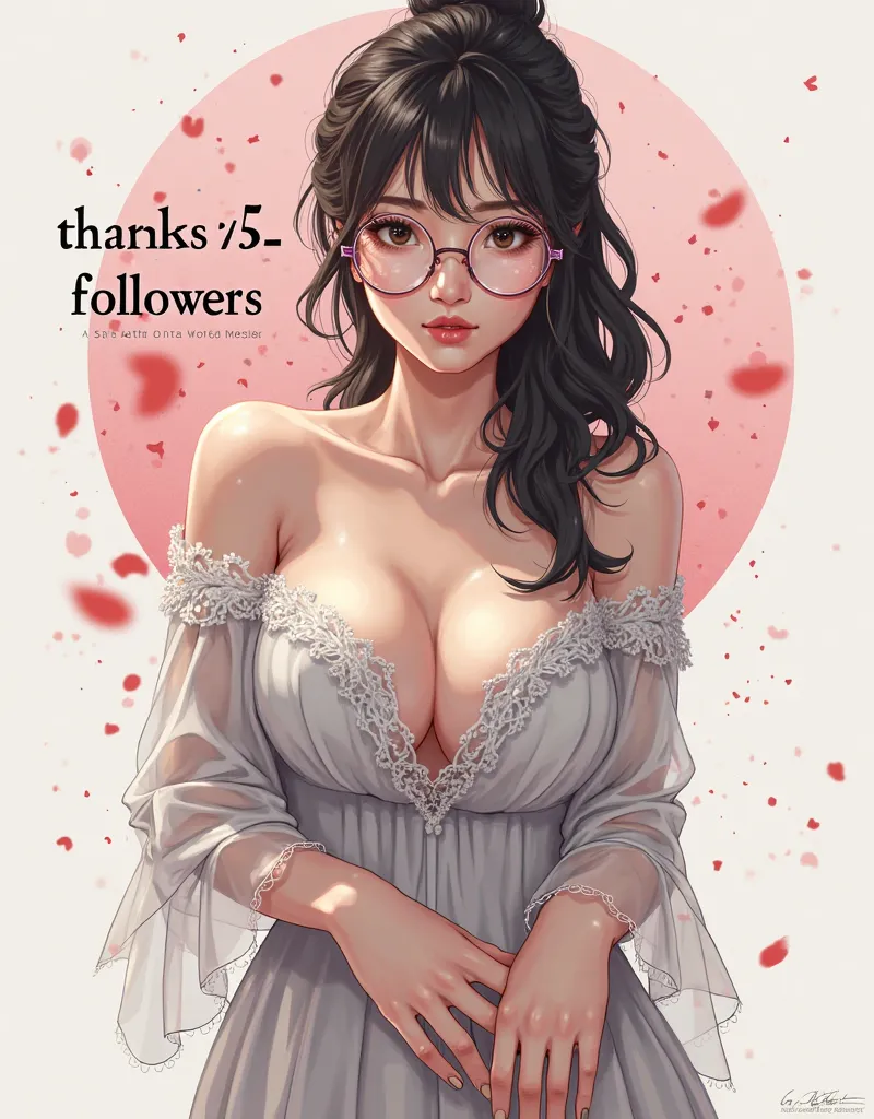 High Resolution, High Quality, High Detail, Masterpiece, Top Quality   , Japanese woman with big boobs and beautiful glasses ,  (((( "Thanks 750 followers" written on it ))))