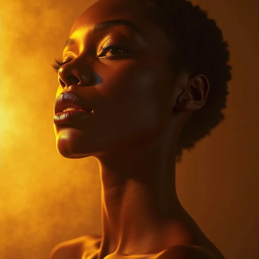 A black model poses for a luxury perfume campaign, surrounded by a golden haze. Her skin shines like silk under dramatic lighting. but there is a disturbing detail: parts of her face seem to dissolve softly in the light, as if it were disappearing in the p...