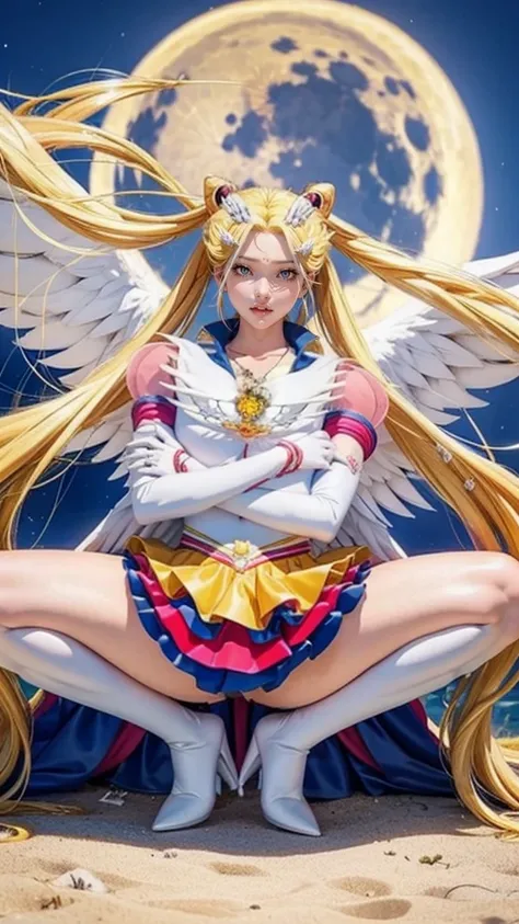 Sailor moon super s traje, 24 years old,  Realistic, 8K,  ultra detailed ,  perfect face,, long blonde hair , piercing blue eyes, (((squatting))), front view, perreo, full body, blue miniskirt, Red boots, , , voluptuous body,  on the Moon, big black cat , ...