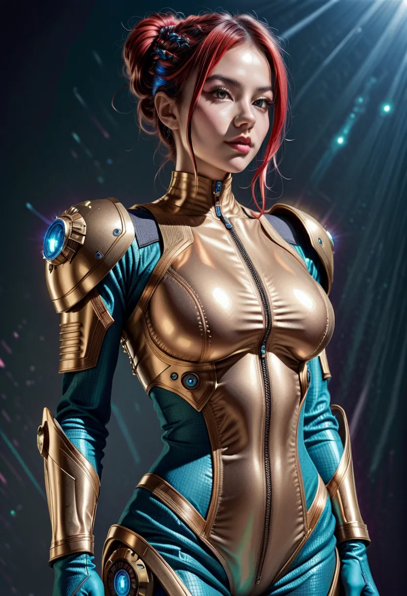 (high quality), (masterpiece), (detailed), 8K, Hyper-realistic painting of a young Indonesian woman wearing a futuristic suit that blends traditional patterns and vibrant colors, showcasing the rich heritage of Indonesia. She stands confidently in a dynami...