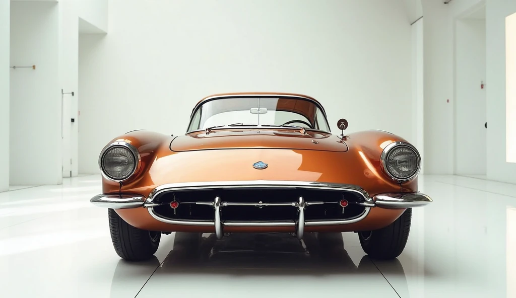 A captivating and futuristic image of the 1962 Chevrolet Corvette c1 is displayed in a luxurious white showroom. The car is painted in a striking vibrant brown hue, emphasizing its sleek, aerodynamic design with bold accents that highlight the cutting-edge...