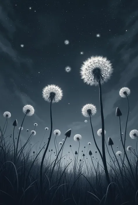 A landscape of dandelions that the wind carries them towards the starry sky, with dark blue, The dandelion is in black and white