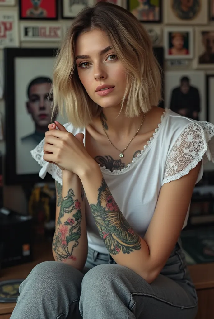 Create a realistic image of a 20-year-old woman, short blond hair, brown eyes, Cheekbones, ((full body)),  dressed in gray jeans ,  white t-shirt with lace , sitting in front of a piercer  ,  recebe um piercing labret ,  Background image:  lots of tattoo p...