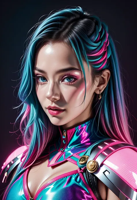 (high quality), (masterpiece), (detailed), 8K, Hyper-realistic portrait depicts (female figure1.2) with (LED-infused outfit1.3) illuminating (upper body1.2), (neon lights0.8) accentuating (intricate design1.2) in (dark background1.1), Shot with Canon EOS 5...