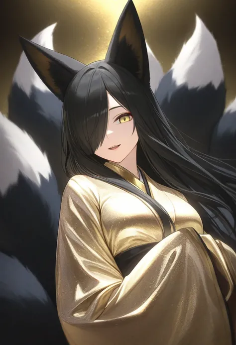 1 ,  fox tail,  multiple tails , black hair, long hair, animal ears, masterpiece,  Yellow Eyes,  Kitsune, hair over one eye,  Light Smile , white and gold kimono, close-up,  portrait, Open Mouth, looking at the viewer, full body.
