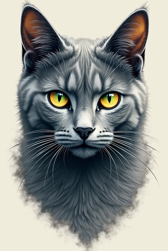 Large Russian blue cat tattoo idea, of eyes between yellow and green 