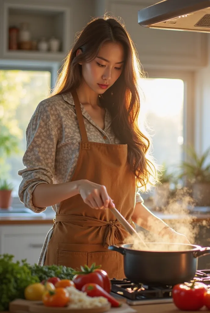 A beautiful 19/20-year-old Asian girl with long, flowing brown hair is standing in a modern, well-lit kitchen. She’s wearing a stylish apron over casual clothes, and her expression is focused yet serene as she cooks. She’s holding a wooden spoon, stirring ...