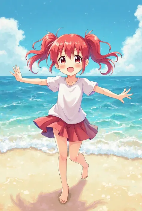 Red-haired anime style girl with two pigtails on the beach