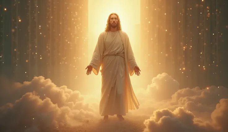 Jesus in the light — The image of Jesus standing in the light radiating around, symbol for the illumination of love and redemption.