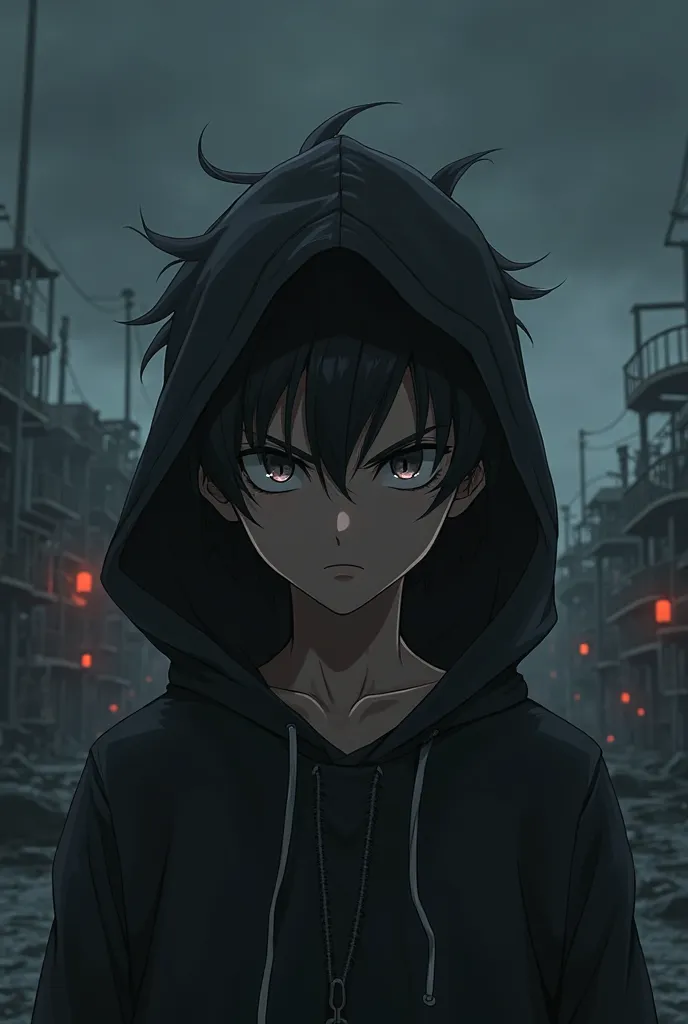  Anime boy, Serious black hoodie