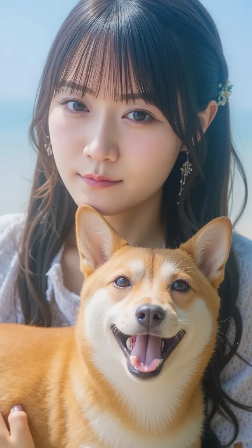 "A Japanese woman feeding a dog. The dog is happily eating the food, with a joyful expression. The woman is squatting down and smiling, watching the dog eat with affection. The scene takes place outdoors, with soft natural light and a warm, serene atmosphe...