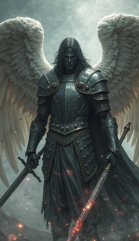 a fierce angelic warrior with a sword of light in his left hand and on right hand he holds a spear long and bloody, wearing the armour of a greek soldier with big angelic wings. His hair long and black and his armour gray as the darkness surounding him. Hi...