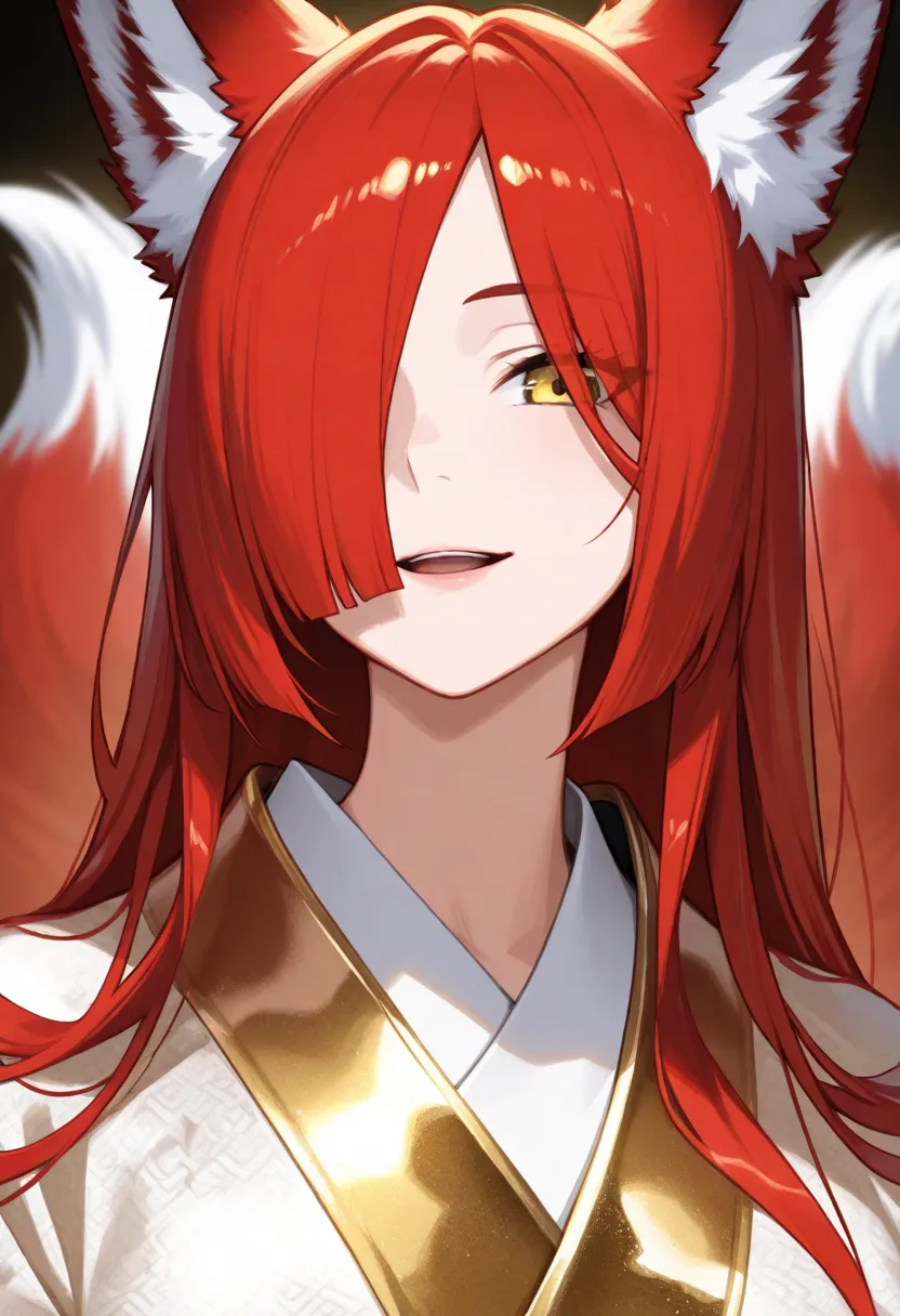 1 ,  fox tail,  multiple tails , Red hair, long hair, animal ears, masterpiece,  Yellow Eyes,  Kitsune, hair over one eye,  Light Smile , white and gold kimono, close-up,  portrait, Open Mouth, looking at the viewer, full body.
