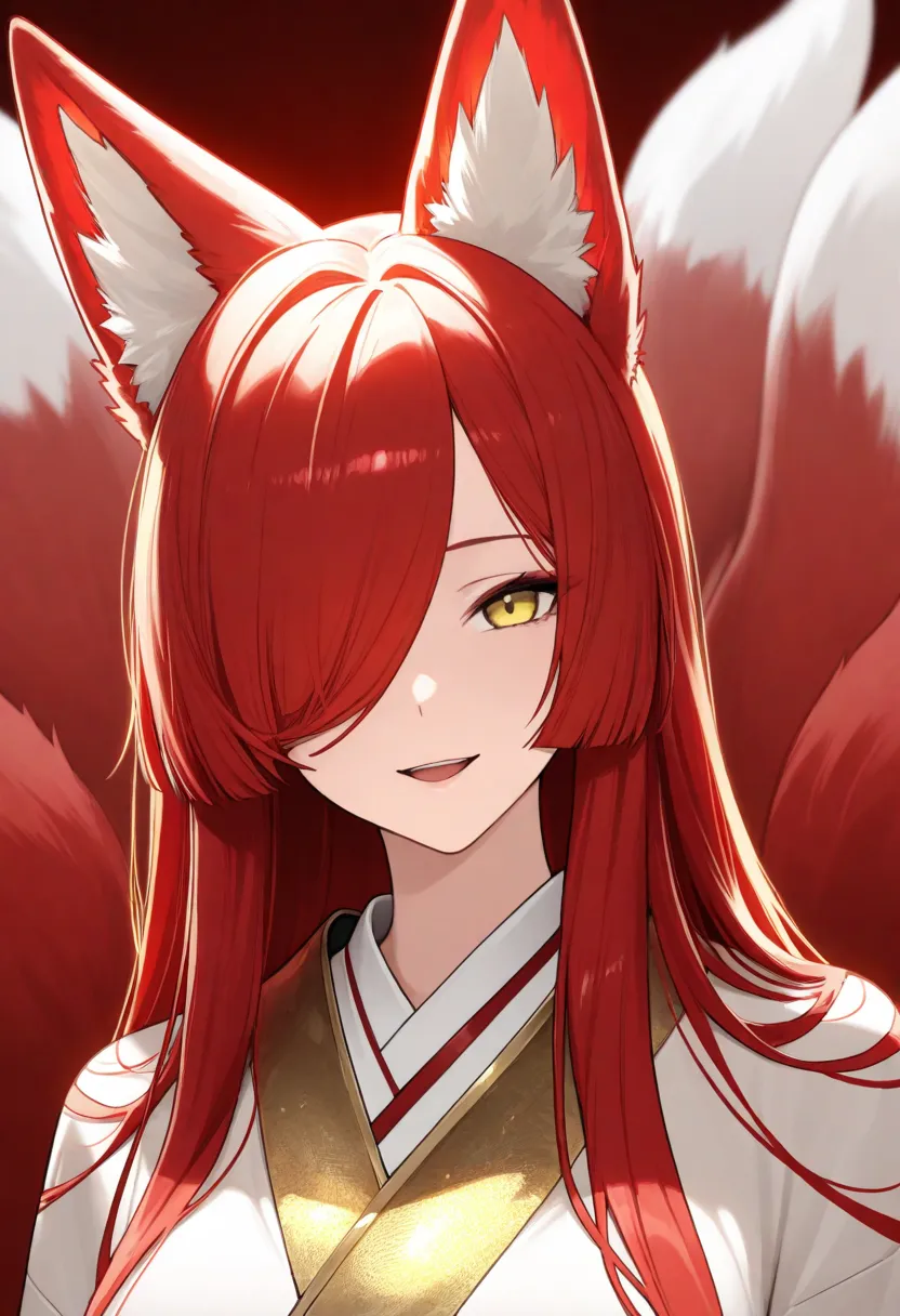 1 ,  fox tail,  multiple tails , Red hair, long hair, animal ears, masterpiece,  Yellow Eyes,  Kitsune, hair over one eye,  Light Smile , white and gold kimono, close-up,  portrait, Open Mouth, looking at the viewer, full body.
