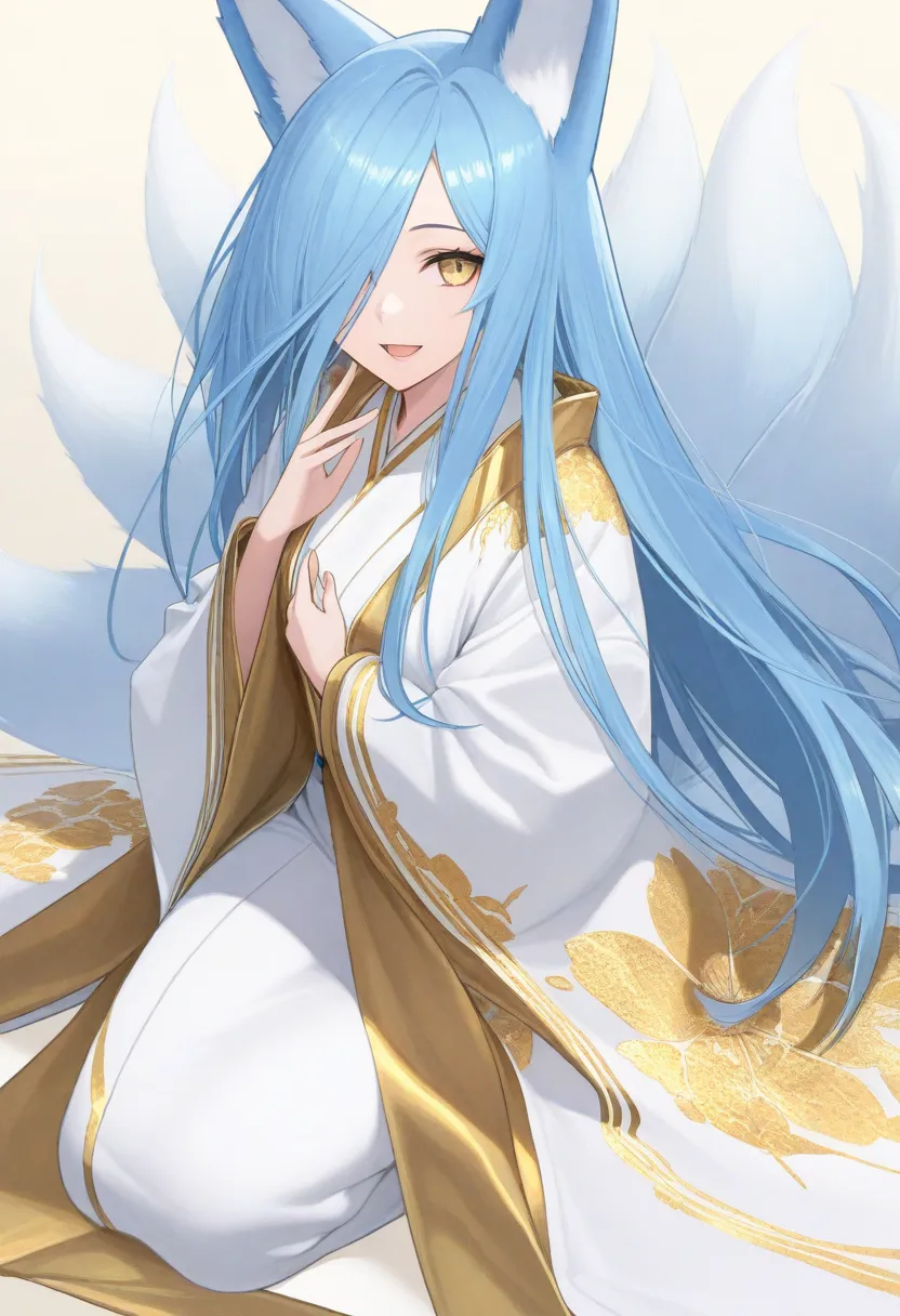 1 ,  fox tail,  multiple tails , blue hair, long hair, animal ears, masterpiece,  Yellow Eyes,  Kitsune, hair over one eye,  Light Smile , white and gold kimono, close-up,  portrait, Open Mouth, looking at the viewer, full body.
