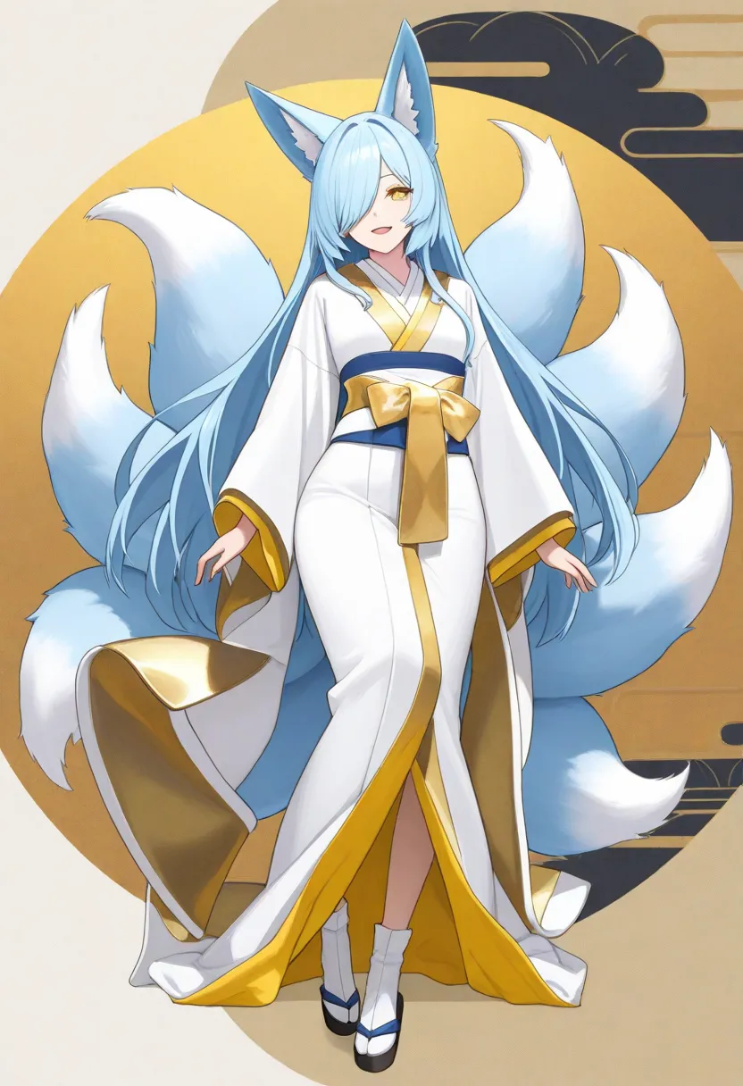 1 ,  fox tail,  multiple tails , blue hair, long hair, animal ears, masterpiece,  Yellow Eyes,  Kitsune, hair over one eye,  Light Smile , white and gold kimono, close-up,  portrait, Open Mouth, looking at the viewer, full body.
