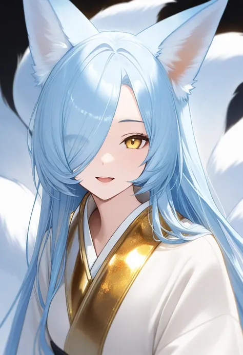 1 ,  fox tail,  multiple tails , blue hair, long hair, animal ears, masterpiece,  Yellow Eyes,  Kitsune, hair over one eye,  Light Smile , white and gold kimono, close-up,  portrait, Open Mouth, looking at the viewer, full body.
