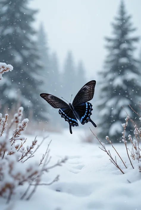 
You can make a prompt for a realistic image, the earth was covered with snow irregular shrubs and the pines had no colors , only white took hold. In its center a black butterfly with blue details, flew low because of the heavy snow of the freezing winter....