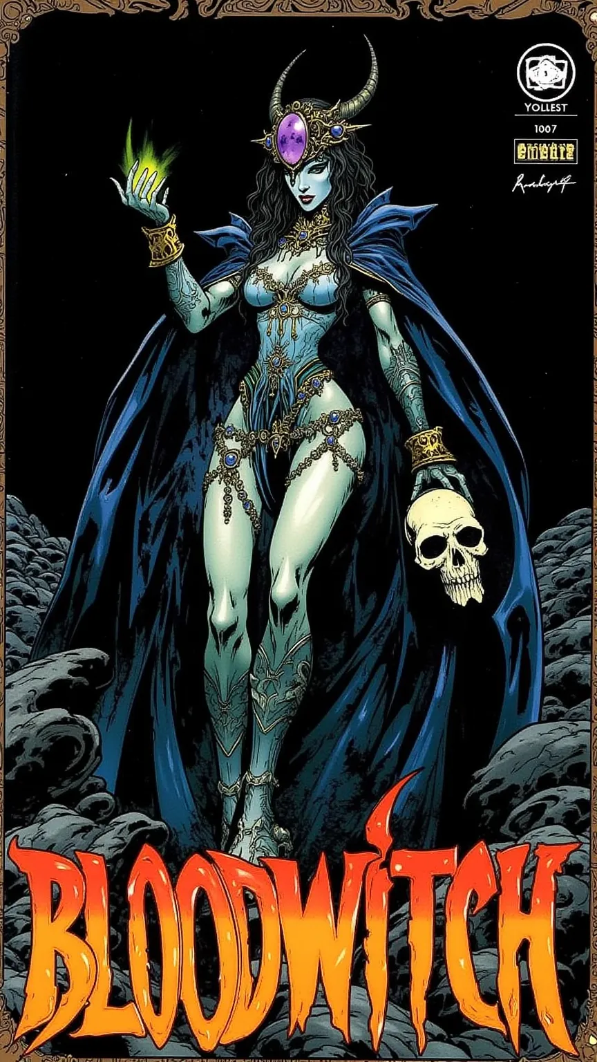 Image is a comic book cover featuring a stylized illustration of a female character with a fantasy theme. The character has pale blue skin and is depicted with exaggerated features typical of comic art, such as elongated limbs and sharp facial features. Sh...