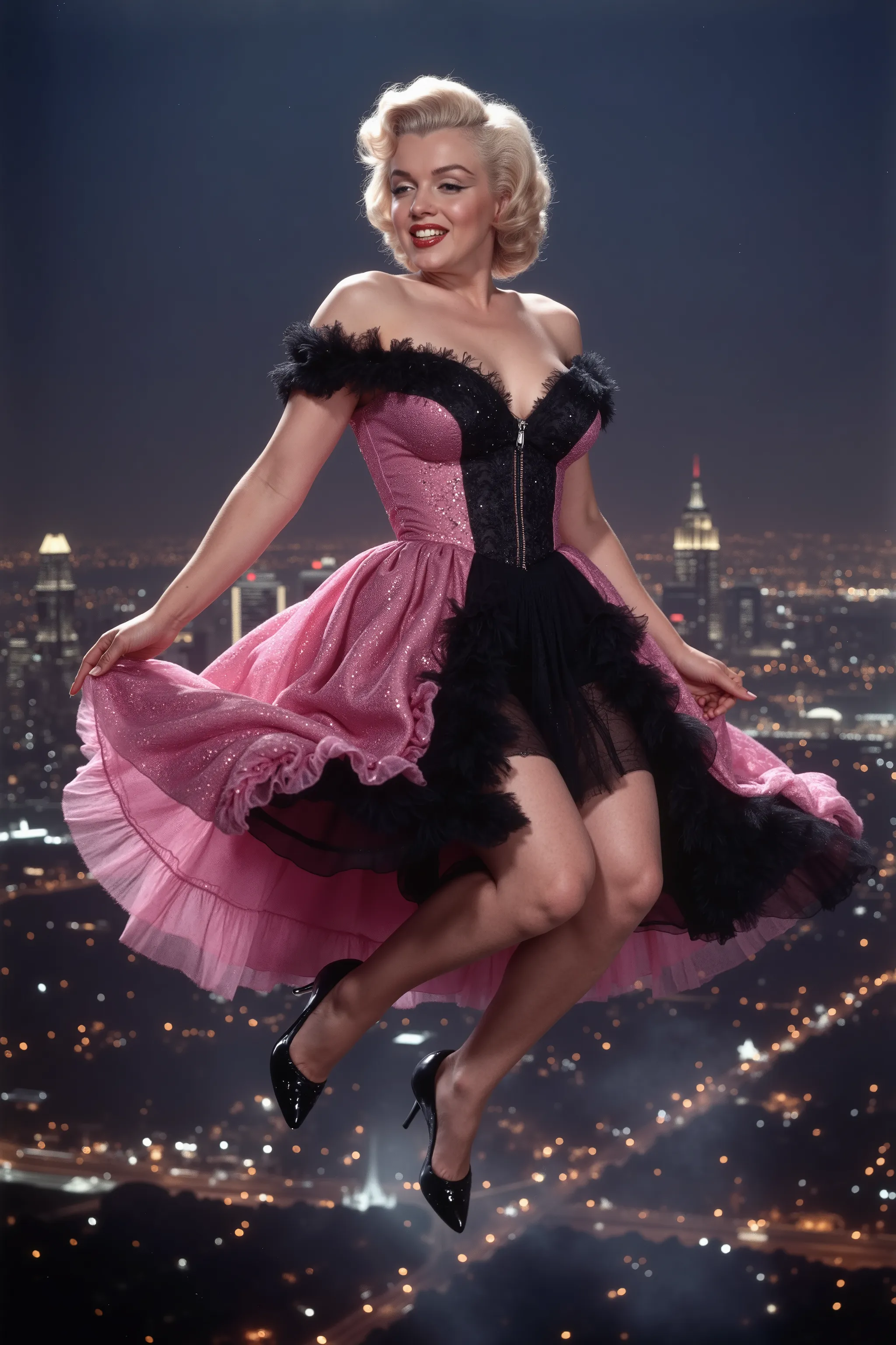 <Lora:m3r1l. A gothic looking Marilyn Monroe is posing as she levitates 260 feet in mid air. The city of Los Angeles behind her. Make up, heavy black eyeshadow, dark red lipstick, beauty mole. The dress she is wearing is a pink and black Victorian style dr...