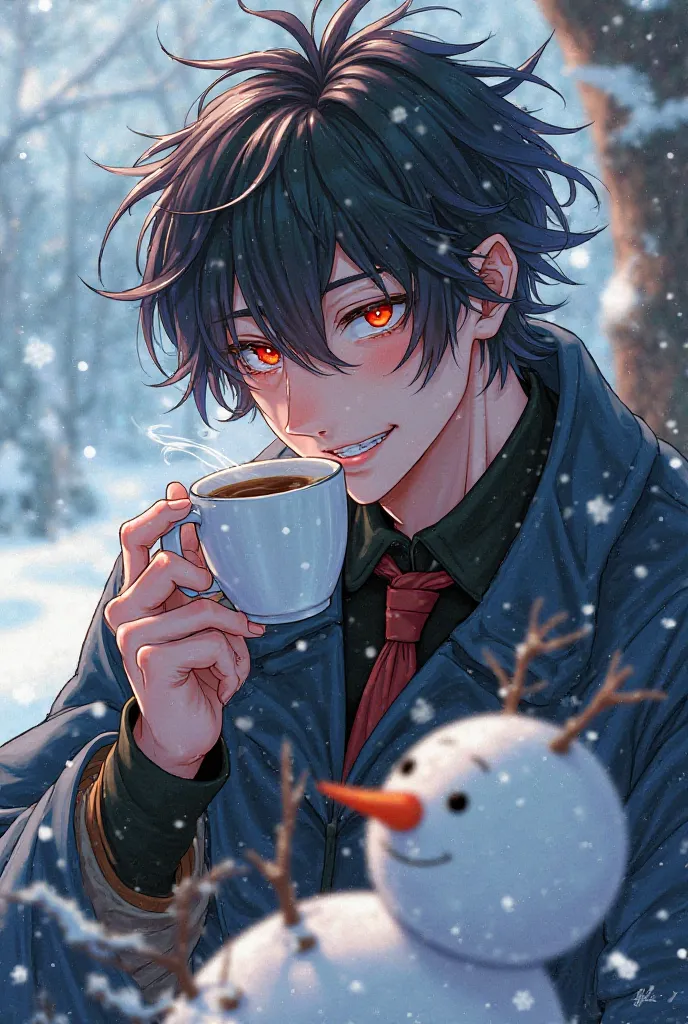 The handsome hero with colored eyes, colored hair, anime is eating coffee, smiling while holding a cup of coffee. He looks like crying as a snowman.