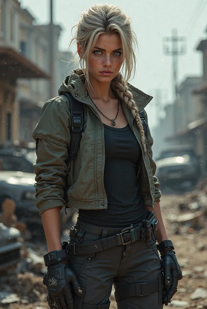 The image shows Valeria in a post-apocalyptic world, with dilapidated buildings and abandoned cars in the background.  He has fair skin , intense blue eyes and ash-blond hair tied in a messy braid. . His expression is serious and focused , with subtle scar...