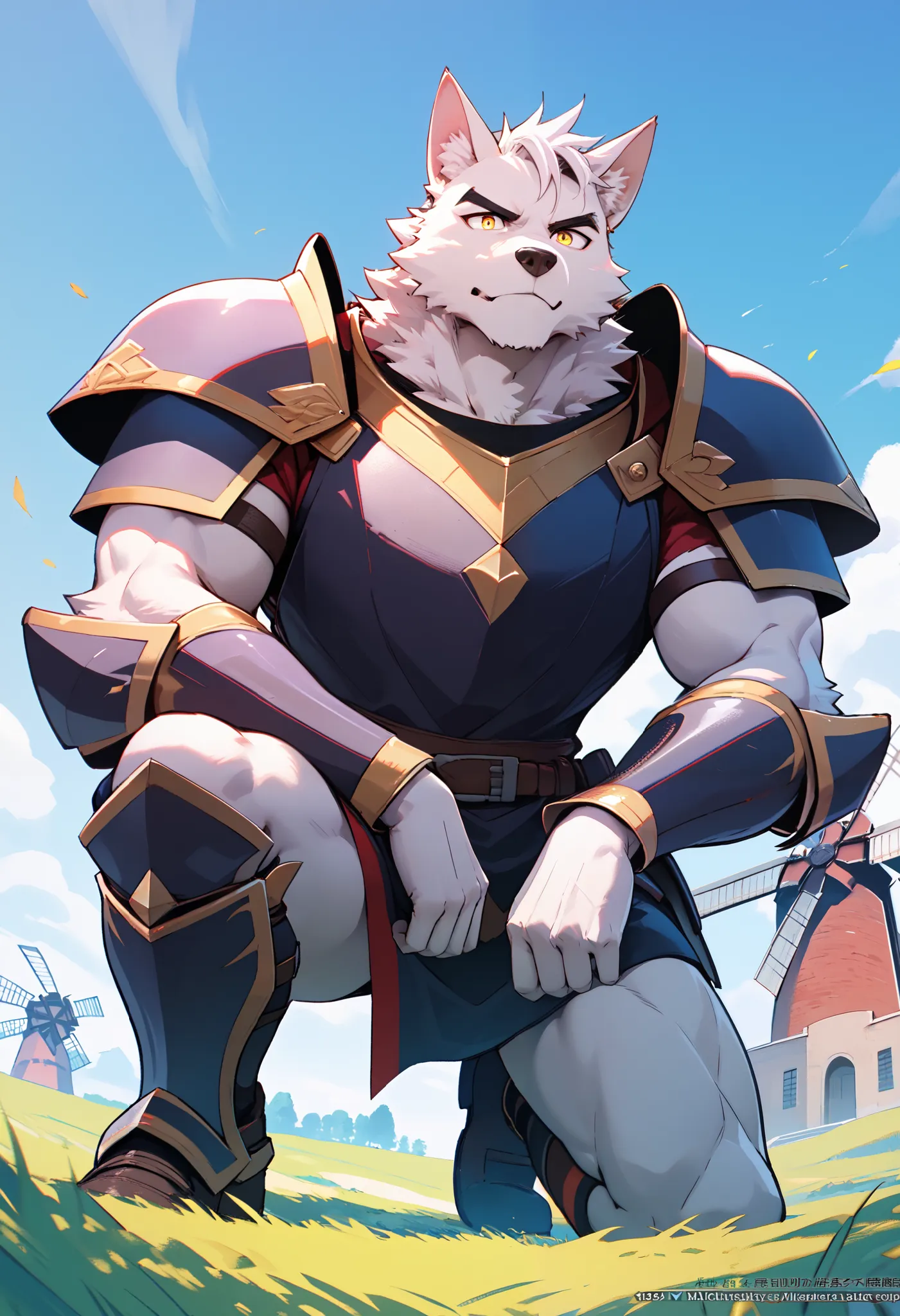 

 a furry handsome guy，   masterpiece，  alone，The adult's， The white werewolf，   strong physique， golden eyes ， Medieval Knight Armor ，Handsome armor。 Sabre ，4K， 8,000， high resolution ，  masterpiece：1.2），  Super Fine ， Detailed Eyes，Low Angle of View，The...