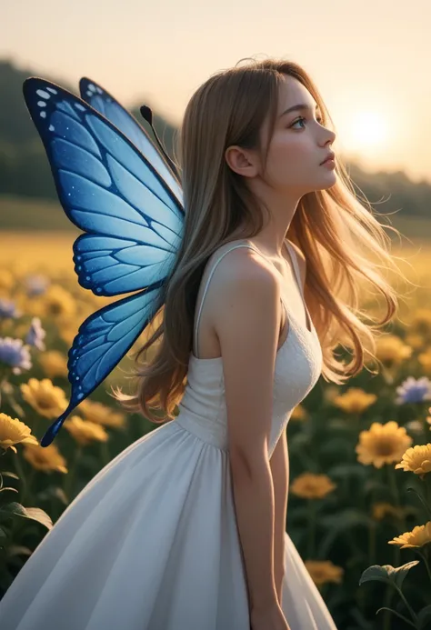 A girl in a white dress with big blue butterfly wings on her back、 Gold、 long hair、 blue eyes、Flower Field、evening、 from side、 backlit、 Fantastic