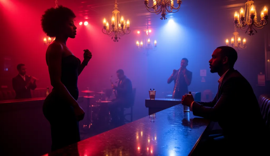 A smoky, upscale jazz club bathed in moody red and blue neon lights, casting deep shadows and reflections across the polished black marble bar. The air is thick with intrigue as a sultry beautiful ebony singer, draped in a form-fitting, elegant evening gow...