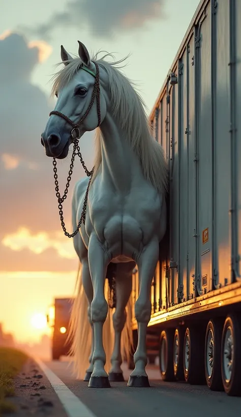 

Prompt for AI Video Generation:
"A hyper-realistic scene of a massive white horse, chained and standing on a large truck trailer, moving on a highway. The truck is a modern Volvo model with a white exterior, driving smoothly under a partly cloudy sky. Th...