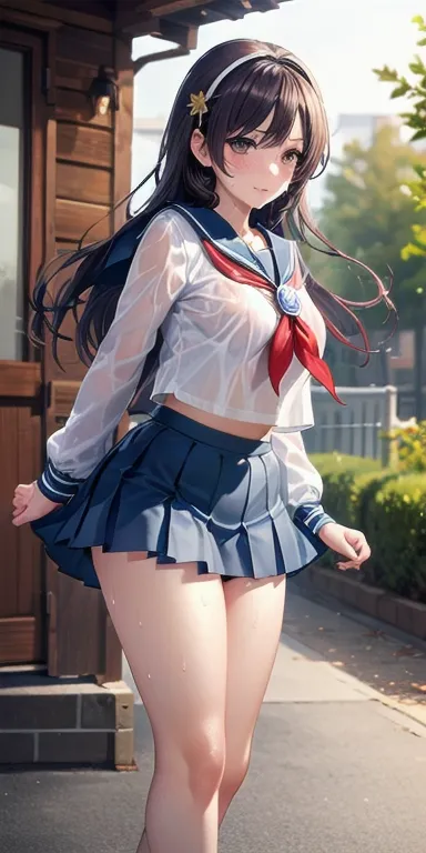  1 female,high definition,high resolution,  ultra-realistic  ,8K,AA2 , long hair, diadema, school uniform, serafuku,  white shirt, blue skirt, choke, bangs on one side,  pleated skirt ,  midriff,  Long Sleeves Leather,  sailor's collar, Skinny skirt ,Europ...