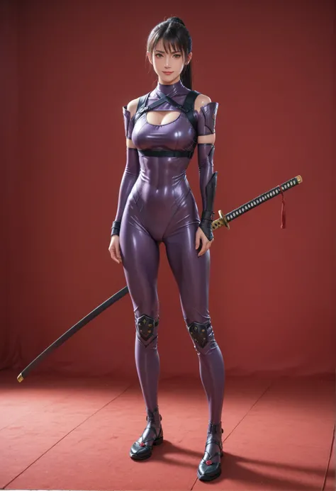 1 girl, red background ,standing,,Ruan1072 ,purple bodysuit,Chest,Ninja, skin tight,armor,full body,Katana, score_9,  score_8_up,  score_7_up,  score_6_up,  score_9,  score_8_up,  score_7_up,  score_6_up source_anime, , 1 girl,  deuce smile, perfect body ,...