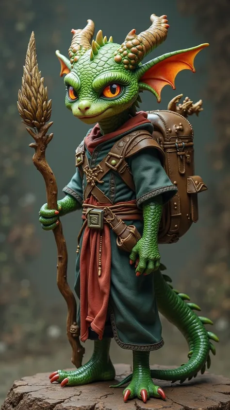 imp , dungeons and dragons, green scales, two arms, two-legs, a dragon&#39;s tail, small pointed horns on the head, yellowish red eyes, plein-air, giorno, wizard outfit, wooden staff, very detailled, backpack on back, 80 centimeters tall