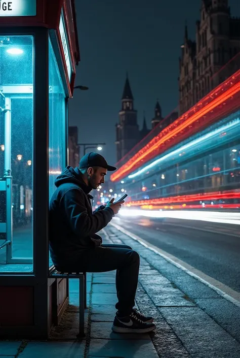 Claro, aquí tienes una descripción detallada de la imagen como si fuera una obra de arte:

La imagen es una fotografía nocturna urbana, compuesta con una fuerte sensación de movimiento y contraste entre la quietud de un sujeto y la energía cinética del fon...