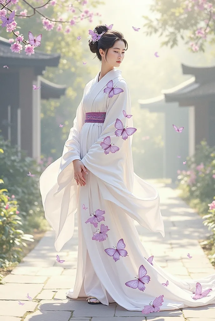 Haori white with purple butterflies down