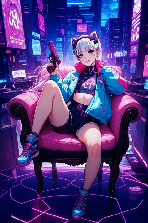 Sexy cyber gun sitting on a cute pink thigh chair