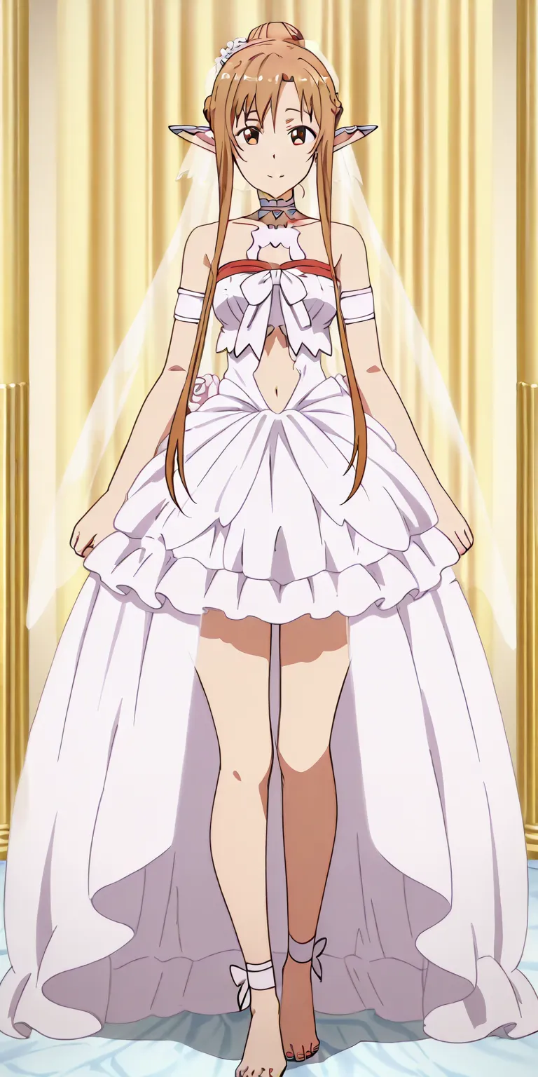 anime screencap, asuna, titania outfit, transparent wings, barefoot, fullbody, front view shot, 1girl,hairstyle: (wedding bun:1.2)
Outfit: (wedding minidress,intricate minidress, ball gown, bridal veil, bride, curtains, standing, perfect body, beautiful bo...