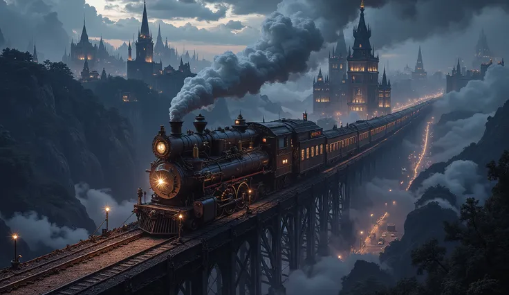 (ファンタジースチームパンクの派手でかっこいい豪華絢爛な魔法のsteam engine 都市のネオンのホテル街をフードを着た騎士2人が歩くシーン)(large city, muitos metais 、brass 、gear、 railway bridge、 reinforcement 、steel structure、gear、steam engine , aerial photography 、 lindo céu noturno estrelado、