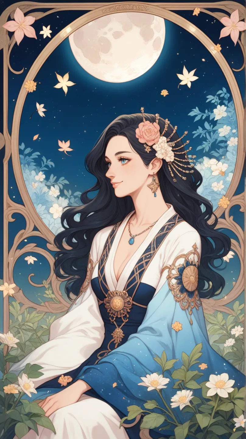 Surrounded by Art Nouveau leaves and flowers,
a Japanese woman with neat black hair, a middle-aged woman with a gentle smile, sits quietly.
The background is a gradation of beige and blue lines,
creating a cosmic mysticism.
Her clothes are made of flowing ...