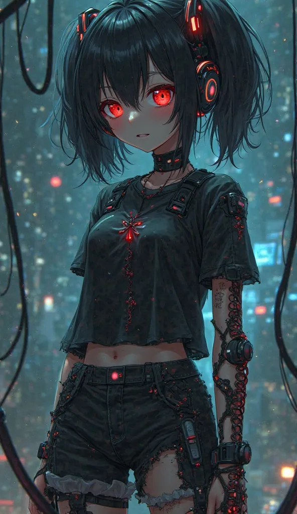 Semi-destroyed girl with short black hair with pigtails wearing black clothes, On her right arm and leg she has robotic parts with red and black cables, in the chest, an artificial heart and robotic parts and headphones on the face, Environment in an anime...